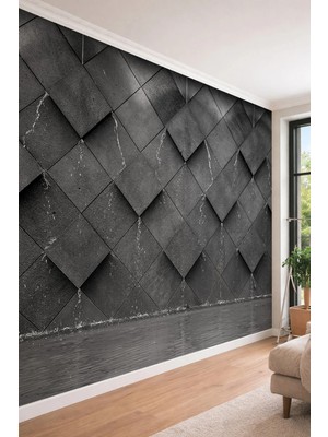 Dreamwall Geometrik Taş Dokulu ve Su Akıntısı Detaylı 3D Derinlikli Tek Parça Tekstil Duvar Kağıdı
