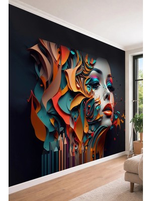 Dreamwall 3 Boyutlu Kağıt Sanatı Efektli Renkli Kadın Portresi Tasarımlı Tekstil Duvar Kağıdı