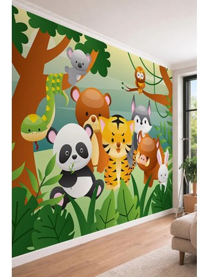 Dreamwall Sevimli Panda, Kaplan ve Koala Temalı Renkli Orman Manzaralı Tekstil Duvar Kağıdı
