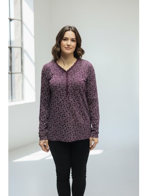 Ece Giyim Kadın V Yaka Dantel Detaylı Desenli Likralı Yazlık Bluz