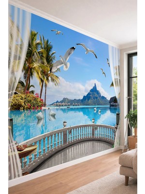 Dreamwall Tropikal Ada ve Deniz Manzaralı Balkon Perspektifli Tek Parça Tekstil Duvar Kağıdı