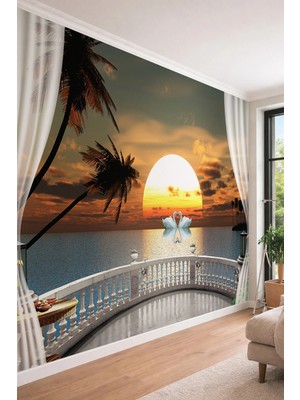 Dreamwall Gün Batımı Deniz Manzaralı ve Balkon Perspektifli Tek Parça Tekstil Duvar Kağıdı