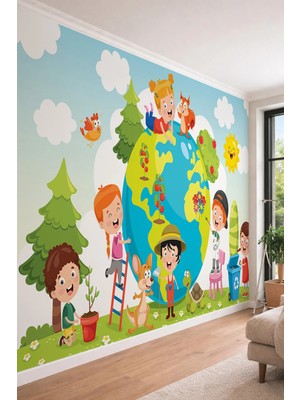 Dreamwall Çevre Bilinçli Eğitici Dünya ve Sevimli Karakterler Temalı Tek Parça Tekstil Duvar Kağıdı