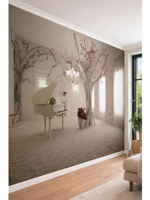 Dreamwall 3D Derinlikli Piyano ve Çiçek Açan Ağaç Temalı Romantik Tek Parça Tekstil Duvar Kağıdı