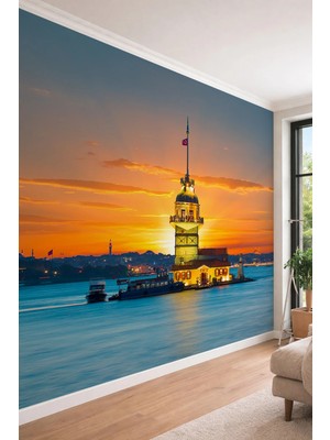 Dreamwall Gün Batımı Istanbul Kız Kulesi Manzaralı Panoramik Modern Tek Parça Tekstil Duvar Kağıdı