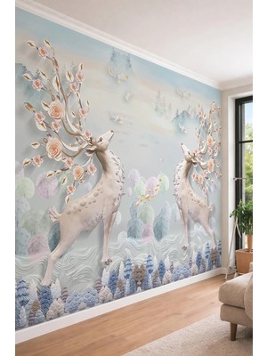 Dreamwall 3D Kabartma Görünümlü Geyik ve Çiçek Açan Boynuzlar Temalı Tekstil Duvar Kağıdı