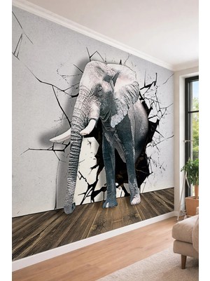 Dreamwall 3D Duvardan Çıkan Fil Efektli - Modern ve Kreatif Tasarım Tek Parça Tekstil Duvar Kağıdı