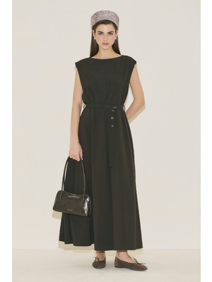 Manuka Premıum Kemer Detaylı Elbise Kahverengi