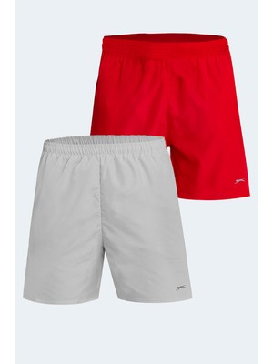 Slazenger RABI 2 li Set Erkek Cepli Deniz Şortu Gri - Kırmızı Mayo