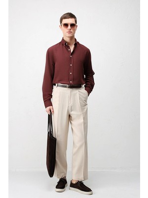 Antioch Bordo Keten Karışımlı Relaxed Fit Erkek Gömlek