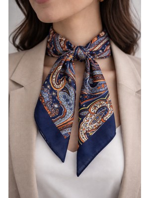 Modex Lacivert Şal Desenli Ipeksi Saten Fular (70*70 Cm)