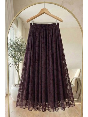 inStyle Çiçekli Flok Tül Astarlı Bordo Etek