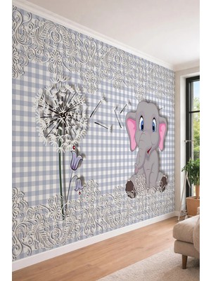 Dreamwall Sevimli Fil ve Karahindiba Temalı Pötikare Desenli Tek Parça Tekstil Duvar Kağıdı