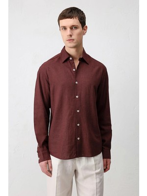 Antioch Bordo Keten Karışımlı Relax Fit Erkek Gömlek