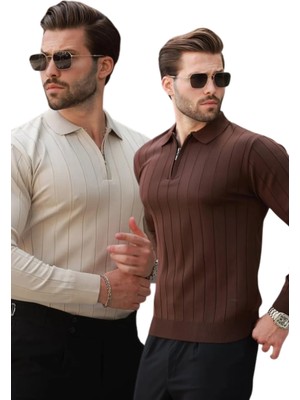Madmext Erkek Polo Yaka Fermuarlı Örme Kazak 2'li Set 7242 L Kalın Dokuma Kumaş Trend Model