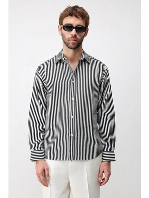 Antioch Siyah Lyocell Karışımlı Relax Fit Çizgili Erkek Gömlek