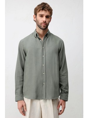Antioch Haki Keten Karışımlı Relaxed Fit Erkek Gömlek