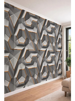 Dreamwall 3D Görünümlü Gri Metalik Panel ve Bakır Detaylı Geometrik Tek Parça Tekstil Duvar Kağıdı