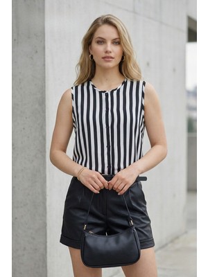 Lupinn Kadın Siyah Beyaz Çizgili Kolsuz Bluz Düğmeli Rahat Kesim Gömlek Bluz
