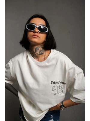 Nemere Bisiklet Yaka Baskılı Oversize T-Shirt - Beyaz