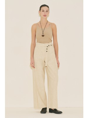 Manuka Geniş Pile Detaylı Kemerli Pantolon Bej