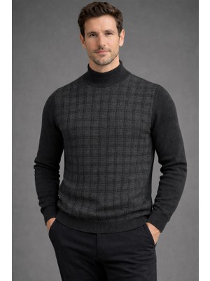 Karaca Yarım Balıkçı Yaka %50 Yün %50 Akrilik Erkek Kare Nokta Desenli Triko Kazak
