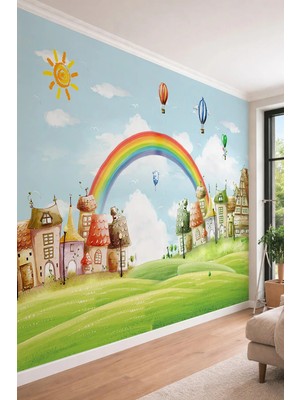 Dreamwall Gökkuşağı ve Sevimli Evler Temalı Çocuk Odası Tek Parça Tekstil Duvar Kağıdı
