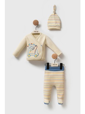 Magu Erkek Bebek Pamuklu Krem Çizgili Köpek Baskılı 3'lü Set - Zıbın, Patikli Pantolon ve Şapka