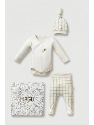 Magu Unisex Bebek Pamuklu Ekru Yeşil Ekose Desenli 3'lü Set - Kruvaze Body, Patikli Pantolon ve Şapka