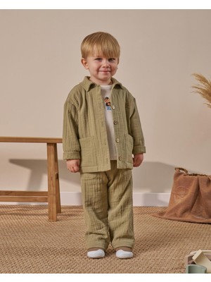 Magu Erkek Çocuk Pamuklu Haki Müslin Ceketli T-Shirtli Pantolon Takım
