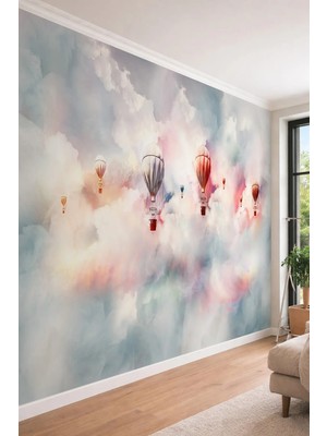 Dreamwall Pastel Bulutlar ve Uçan Balon Temalı Sanatsal Tek Parça Tekstil Duvar Kağıdı