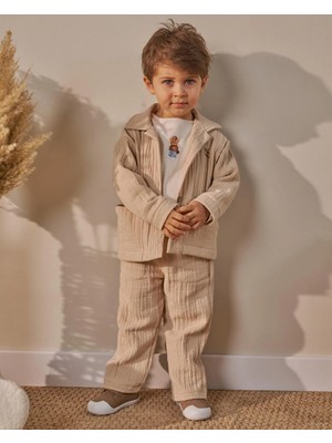 Magu Erkek Çocuk Pamuklu Bej Müslin Ceketli T-Shirtli Pantolon Takım