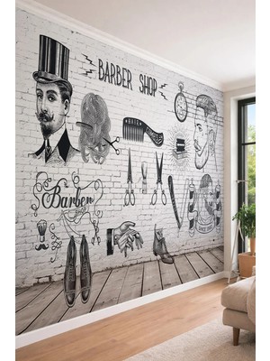Dreamwall Vintage Berber ve Erkek Kuaförü Temalı Tuğla Desenli Tek Parça Tekstil Duvar Kağıdı