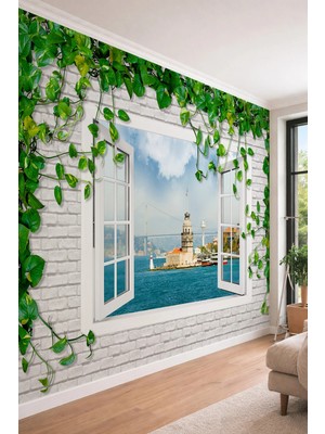 Dreamwall 3D Görünümlü Kız Kulesi Manzaralı ve Pencere Illüzyonlu Tuğla Desenli Tekstil Duvar Kağıdı