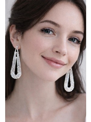 Stainless Steel Beyaz Taşlı Sallantılı Uzun Kadın Abiye Küpe,püskül Küpe