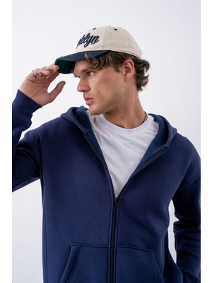 Gothamvibes Erkek Oversize Fermuarlı Kapüşonlu Lacivert Sweatshirt