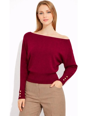 Irmak Kerekli Kadın Kayık Yaka Yarasa Kol Belden Oturtmalı Triko Kazak 141102 Bordo