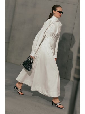 Manuka Önü Düğmeli Poplin Etek Ekru