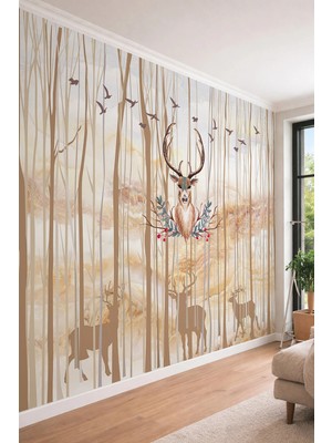 Dreamwall Geyik Figürlü ve Soyut Orman Temalı Mermer Dokulu Tek Parça Tekstil Duvar Kağıdı