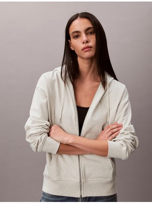 Calvin Klein Uzun Kollu Kabartma Monologo Havlu Kumaş Tam Fermuarlı Kapüşonlu Kadın Gri Sweatshirt LV047F205G-P4P