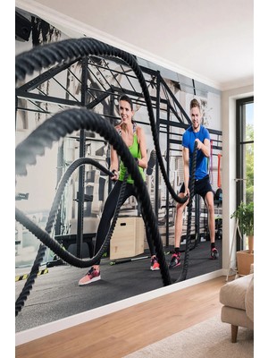 Dreamwall Spor Salonu ve Fitness Temalı Halat Antrenmanı Yapan Sporcu Figürlütekstil Duvar Kağıdı