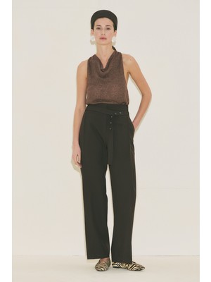 Manuka Geniş Pile Detaylı Kemerli Pantolon Kahverengi