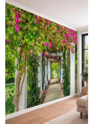Dreamwall Begonvil Çiçekli Bahçe Yolu ve Doğa Manzaralı Tek Parça Tekstil Duvar Kağıdı