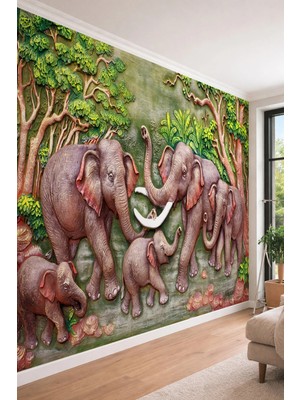 Dreamwall 3D Kabartma Görünümlü Fil Ailesi ve Tropikal Orman Temalı Tek Parça Tekstil Duvar Kağıdı
