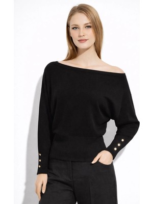 Irmak Kerekli Kadın Kayık Yaka Yarasa Kol Belden Oturtmalı Triko Kazak 141102 Siyah