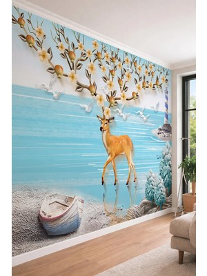 Dreamwall 3D Geyik ve Çiçekli Dalları Temalı Sahil Manzaralı Tek Parça Tekstil Duvar Kağıdı