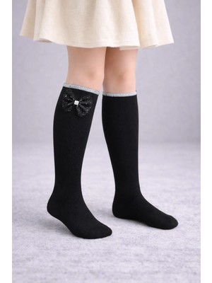 Sibel Günay Butik Kız Çocuk Fiyonk Detaylı Kokulu Siyah Diz Altı Çorap – Taşlı Tül Şık Okul Çorabı
