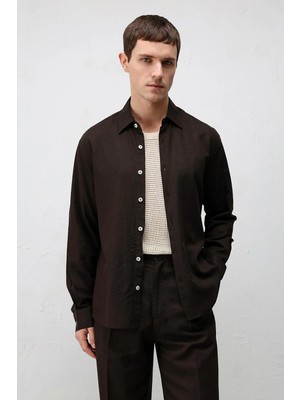 Antioch Kahve Keten Karışımlı Relax Fit Erkek Gömlek