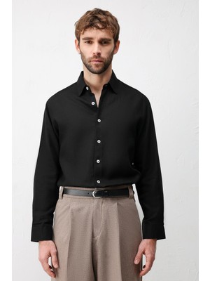 Antioch Siyah Keten Karışımlı Relax Fit Erkek Gömlek