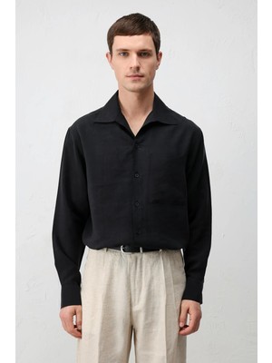 Antioch Siyah Lyocell Karışımlı Geniş Yaka Erkek Gömlek